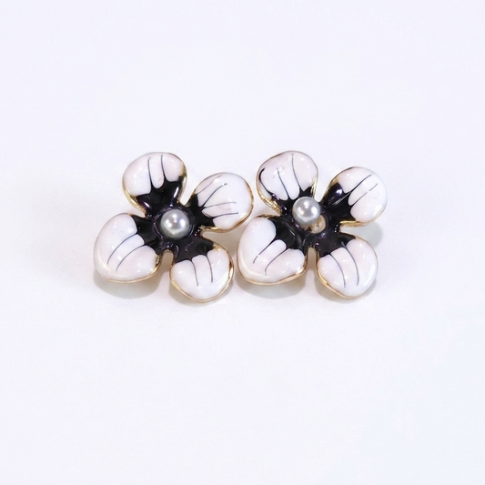 Earrings|Monochrome Blossom Pearl Stud Earrings | Black & White Flower Earrings | Floral Studs