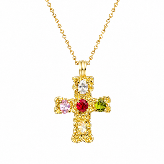 Necklace|Vintage Gold Cross Pendant Necklace | Multicolor Crystal Statement Necklace