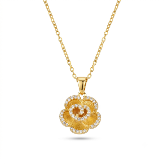 Necklace|Golden Bloom Rose Pendant Necklace | Sparkling CZ Floral Charm