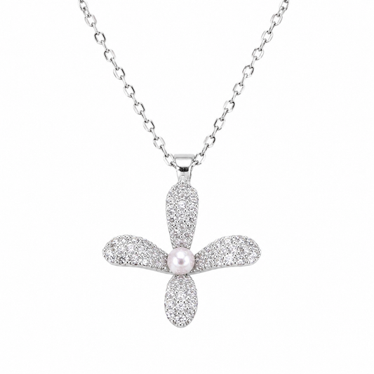 Necklace|Silver Bloom Pearl Pendant Necklace | Sparkling CZ Floral Charm
