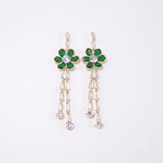 Earrings|Emerald Green Bloom Tassel Drop Earrings | Floral Statement | Evening Jewelry