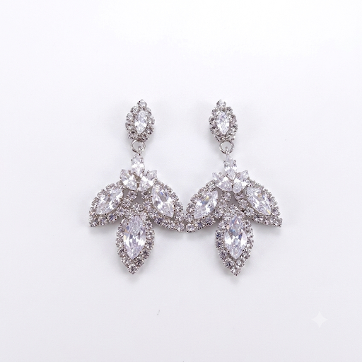 Earrings|Silver Regal Leaf Drop Earrings | Marquise CZ Statement Sparkle