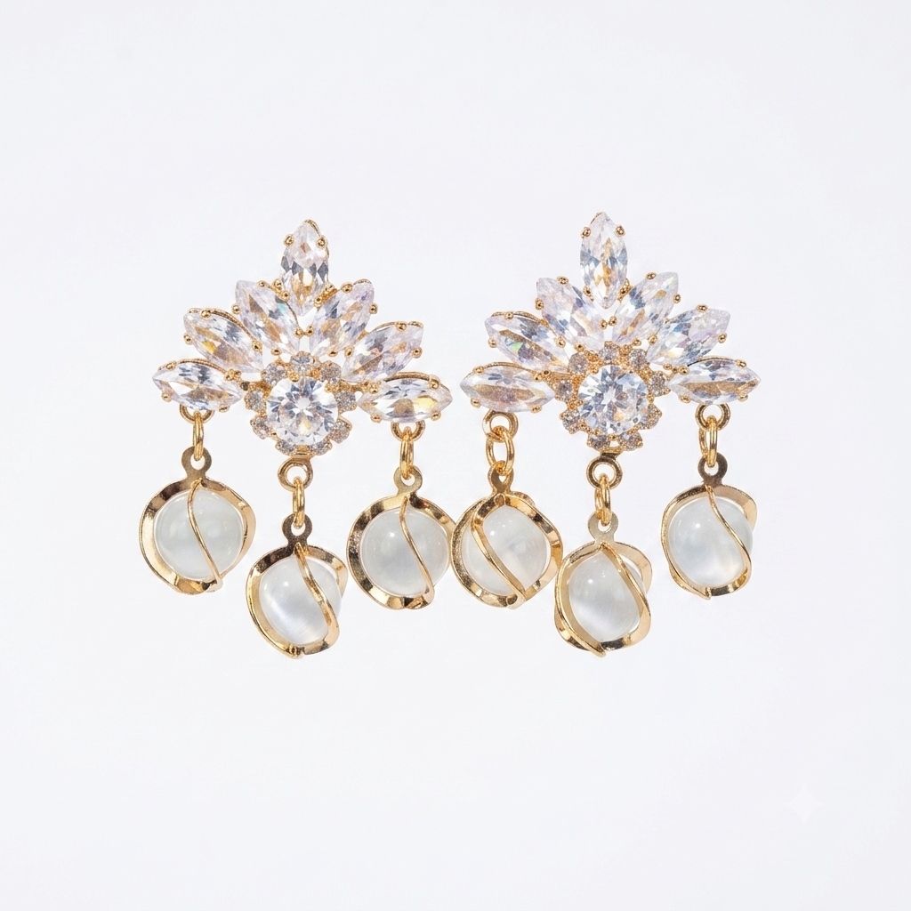 Earrings｜Celestial Bloom Cat's Eye Drop Earrings | Floral Statement | Luxury Jewelry