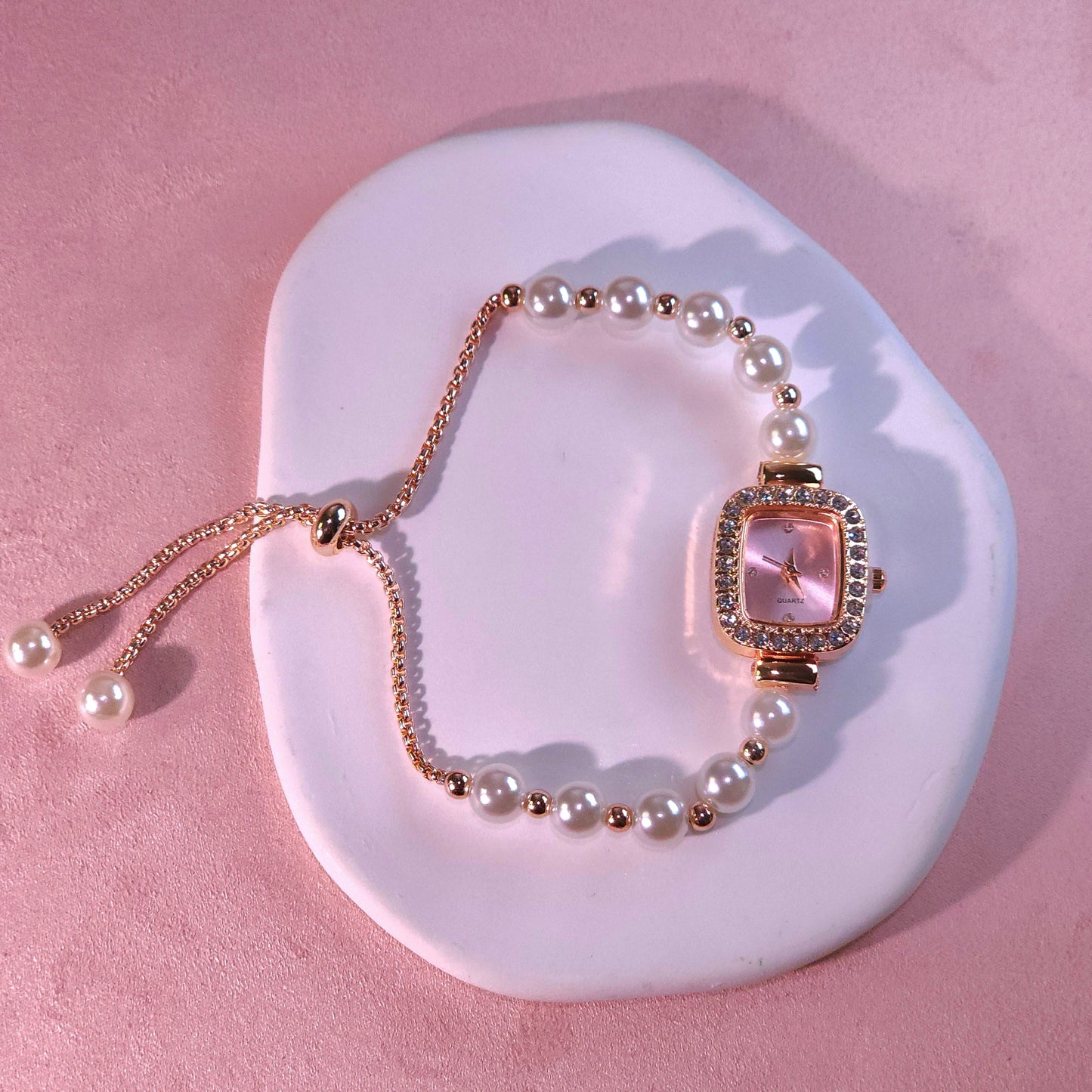Watch|Elegant Pearl Drawstring Bracelet Watch for Women | Adjustable Bolo Chain Cushion Face | Multi-color Options
