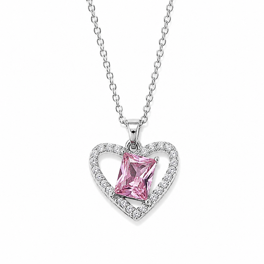 Necklace｜Pink Radiant-Cut CZ Heart Pendant Necklace | Romantic Jewelry | Gift for Her