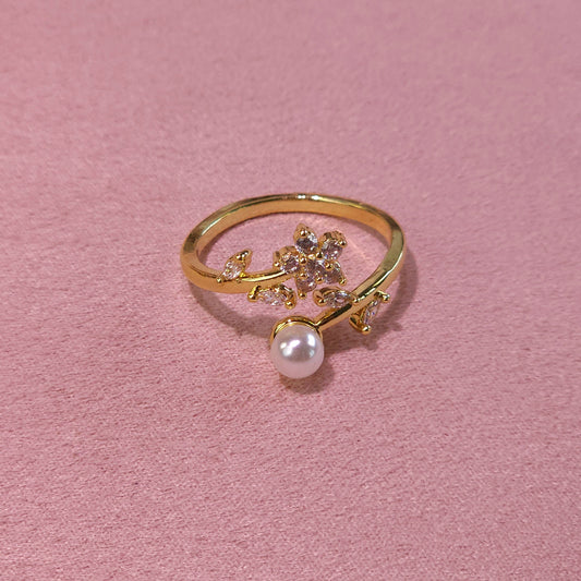 Ring｜Blossom Pearl Open Ring – Floral CZ Adjustable Statement Ring | Pearl Flower Jewelry