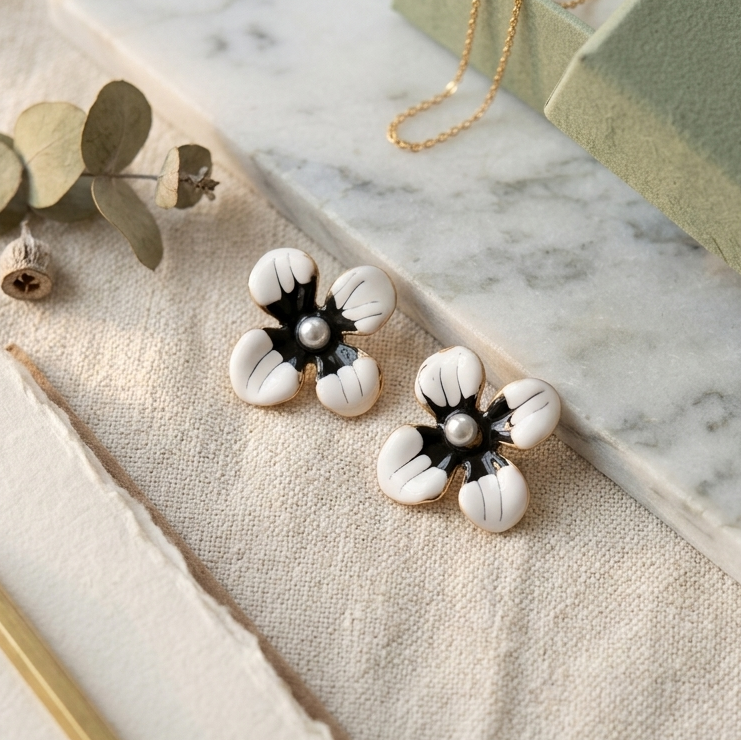 Earrings｜Monochrome Blossom Pearl Stud Earrings | Black & White Flower Earrings | Floral Studs