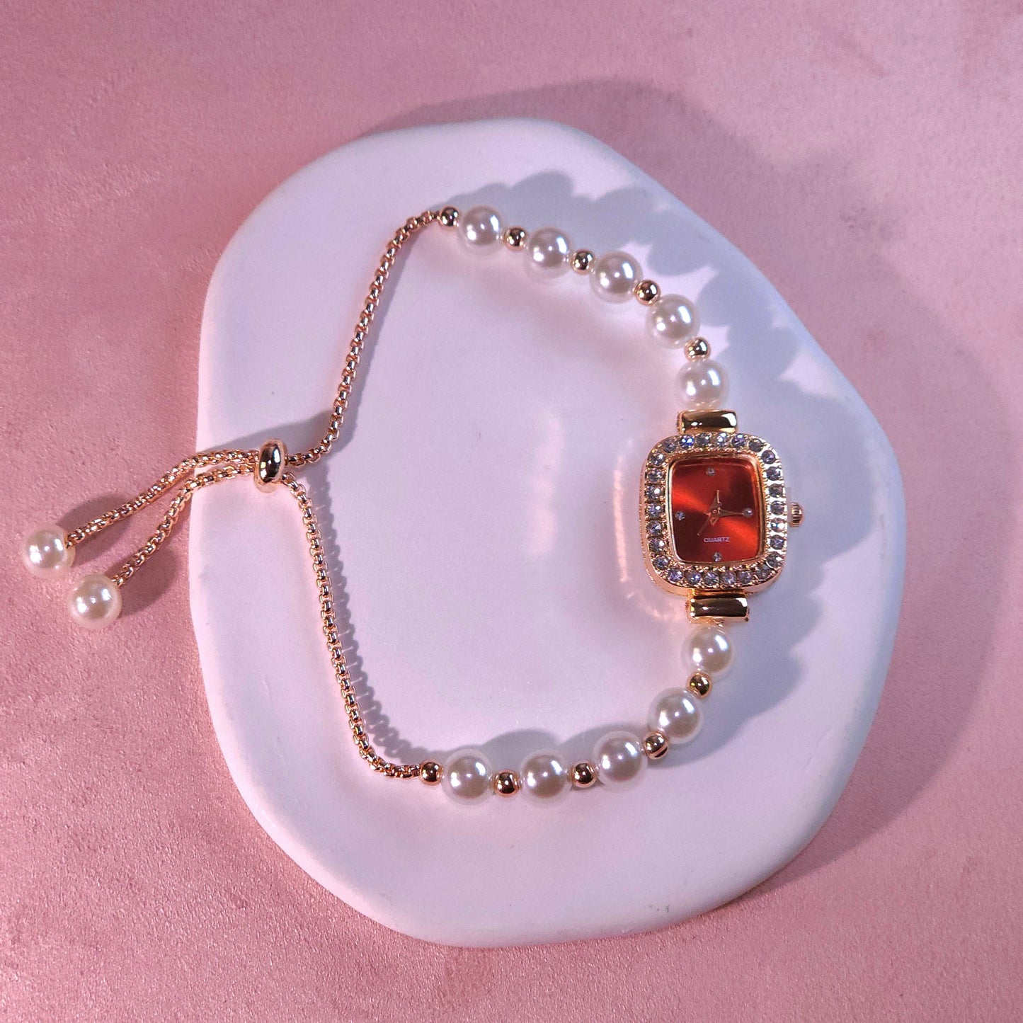 Watch|Elegant Pearl Drawstring Bracelet Watch for Women | Adjustable Bolo Chain Cushion Face | Multi-color Options