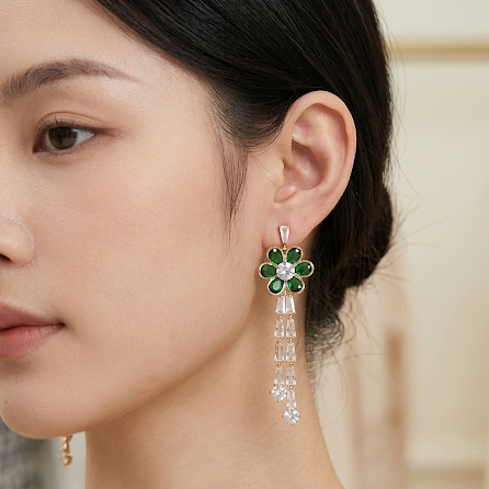 Earrings｜Emerald Green Bloom Tassel Drop Earrings | Floral Statement | Evening Jewelry