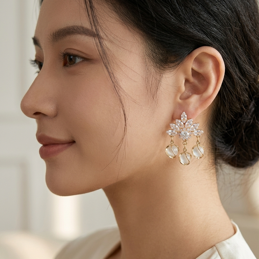Earrings｜Celestial Bloom Cat's Eye Drop Earrings | Floral Statement | Luxury Jewelry