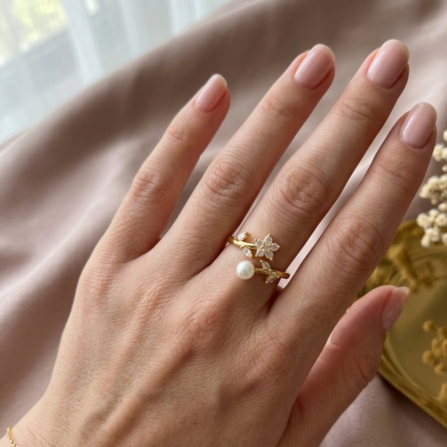 Ring｜Blossom Pearl Open Ring – Floral CZ Adjustable Statement Ring | Pearl Flower Jewelry