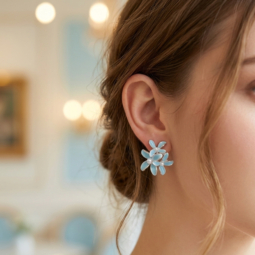 Earrings｜Aqua Blossom Floral Stud Earrings | Blue Flower Earrings | Daisy Studs