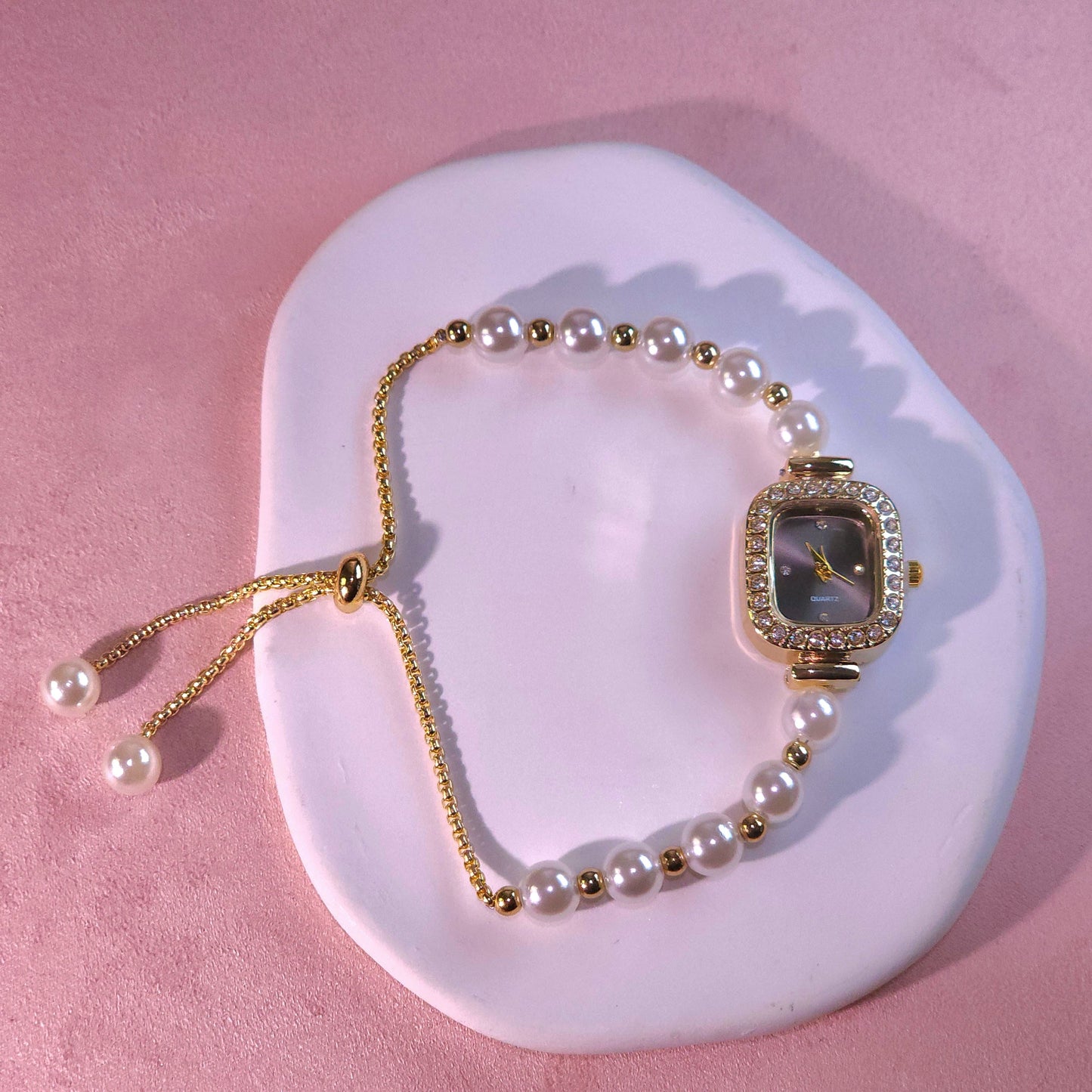 Watch|Elegant Pearl Drawstring Bracelet Watch for Women | Adjustable Bolo Chain Cushion Face | Multi-color Options