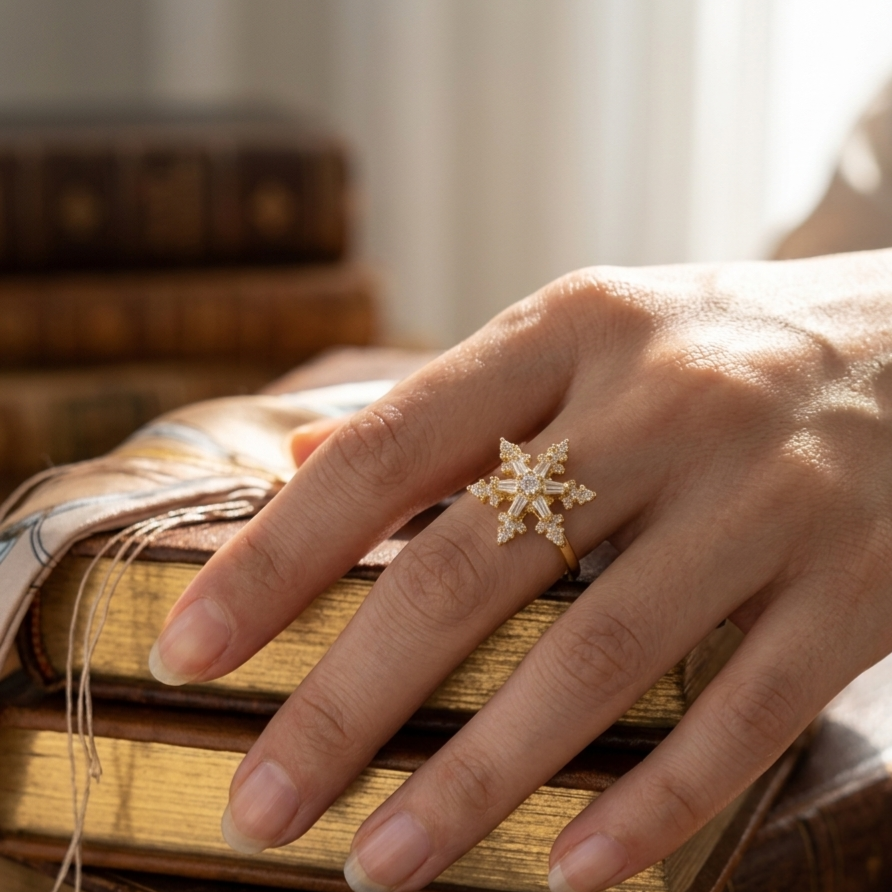 Ring｜Celestial Snowflake Spinner Open Ring | Adjustable Ring | Statement Jewelry