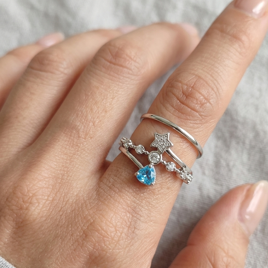 Ring｜Celestial Blue Heart Open Ring | Star Ring | Heart CZ Ring