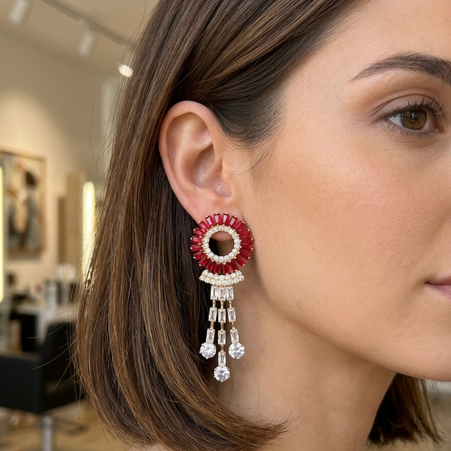 Earrings｜Crimson Bloom Tassel Earrings | Floral Statement | Evening Jewelry