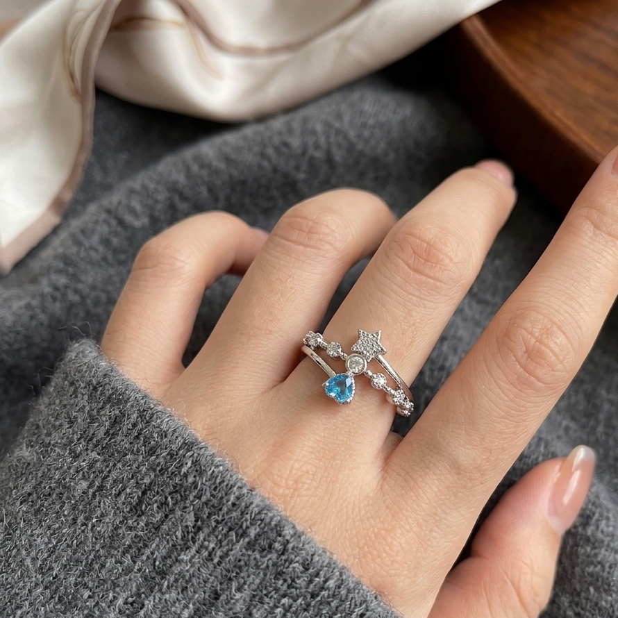 Ring｜Celestial Blue Heart Open Ring | Star Ring | Heart CZ Ring