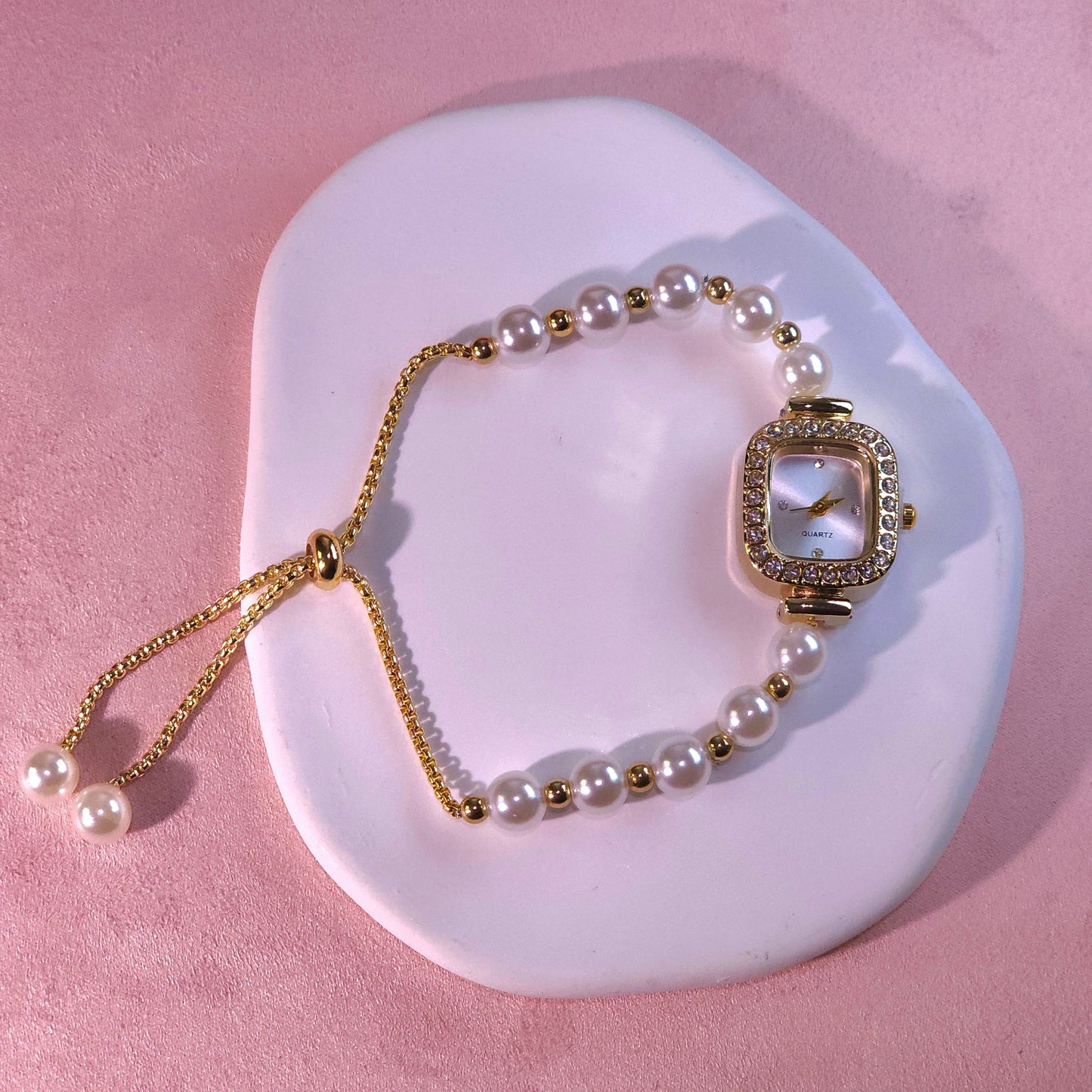 Watch|Elegant Pearl Drawstring Bracelet Watch for Women | Adjustable Bolo Chain Cushion Face | Multi-color Options