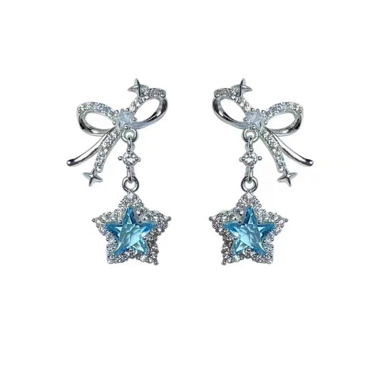 Earrings｜Blue Star Bow Dangle Stud Earrings | Sparkling CZ Drop Earrings